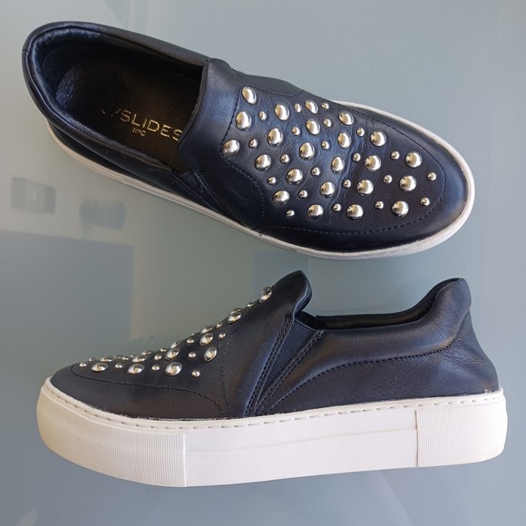 J/SLIDES Shoes - J Slides NYC Black Leather Studded Slip On Plarform Sneakers Women's Size 8.5